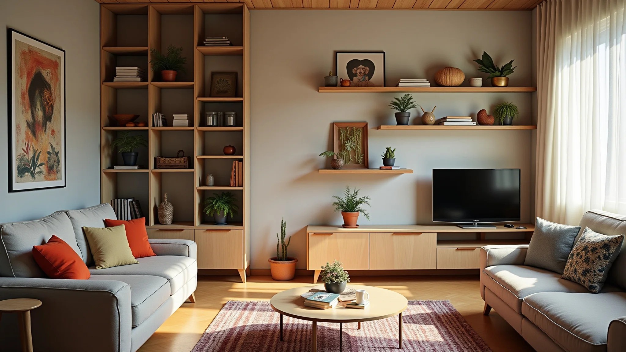 Sala pequena com estantes verticais, objetos coloridos e iluminação natural.