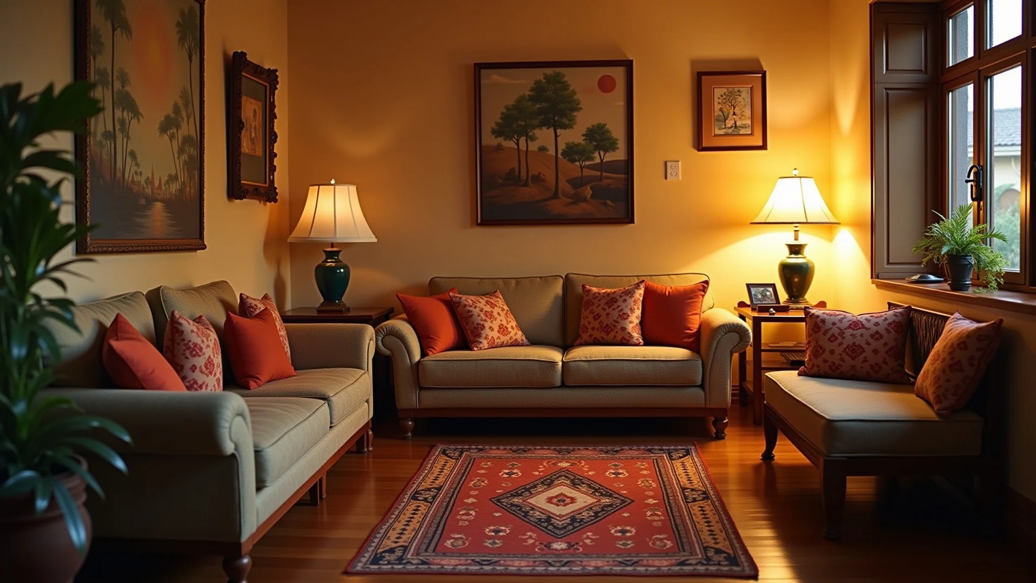 Sala pequena com iluminação quente, tapete, sofá e almofadas com decoração brasileira.