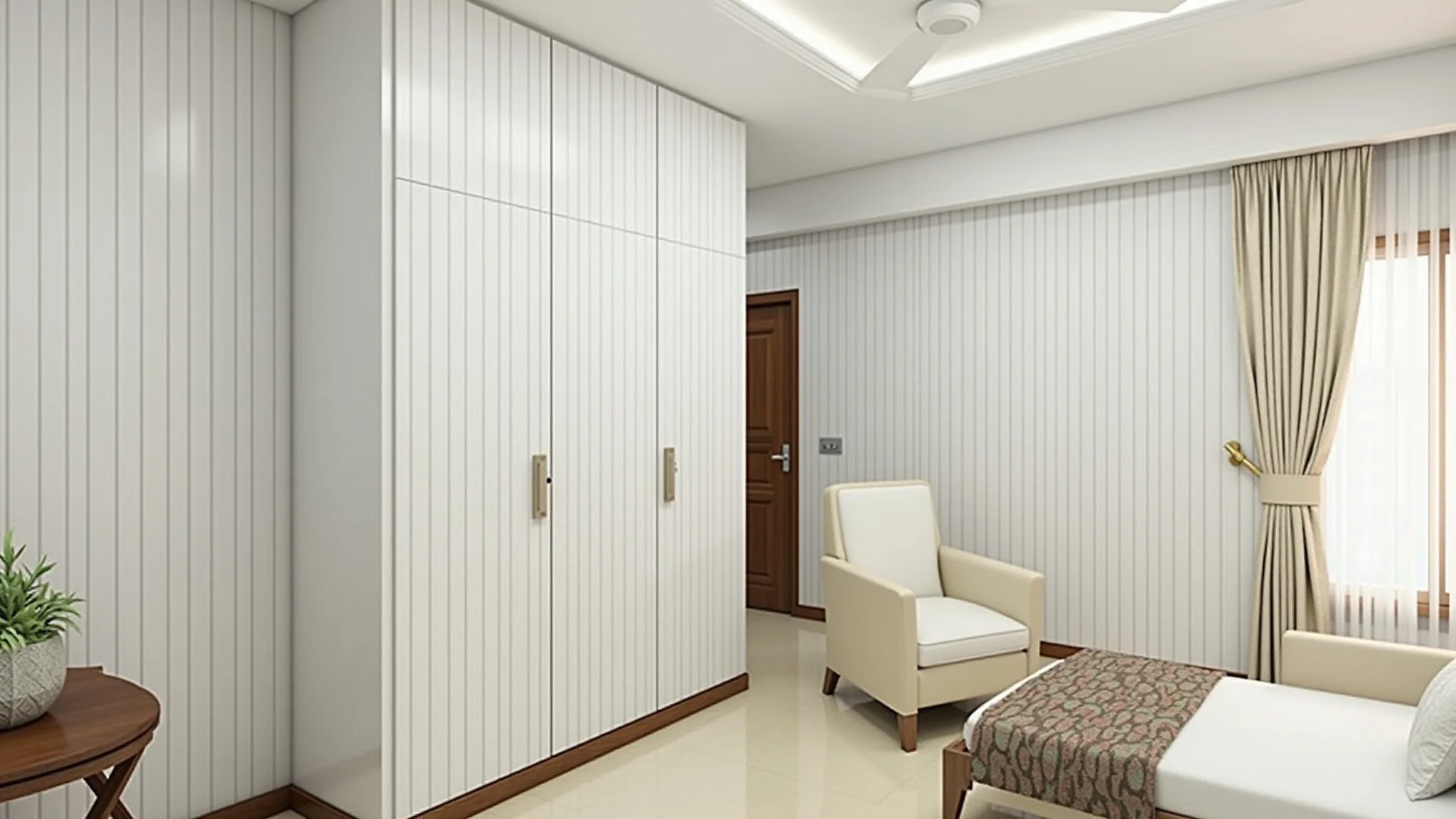 Sala pequena com teto branco, parede com listras verticais e espelho ampliando o espaço.