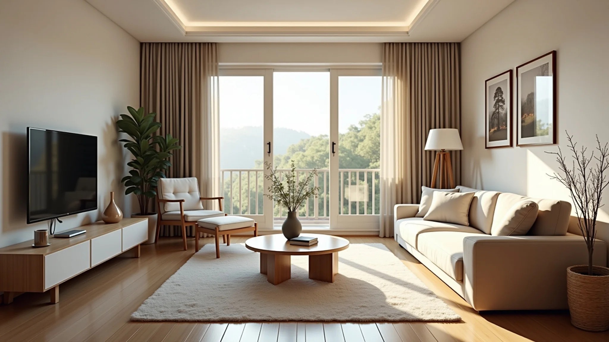 Sala pequena com foco na luz natural e decoração minimalista.