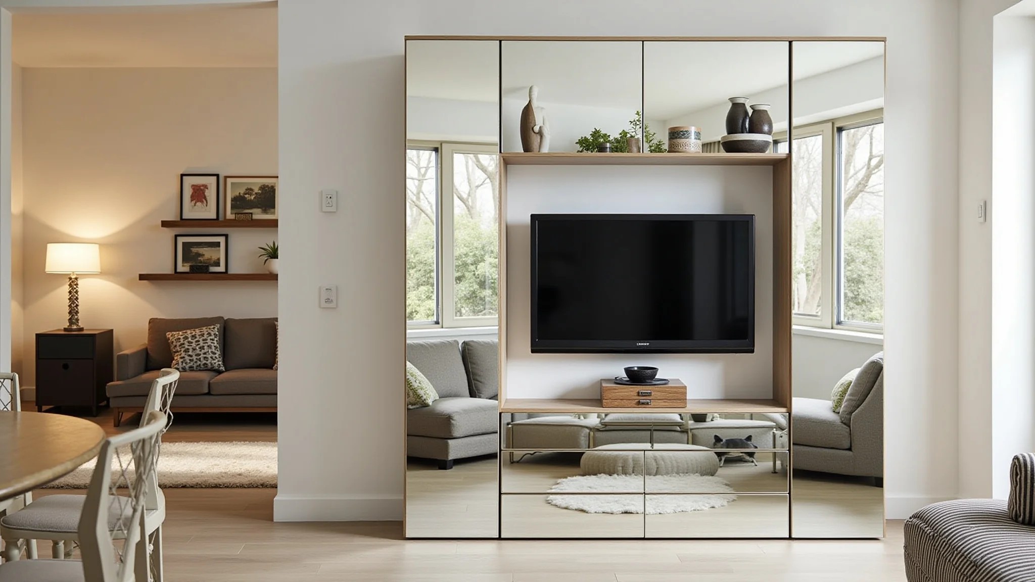 Sala pequena com painel de TV espelhado, ampliando o espaço e com decoração brasileira.