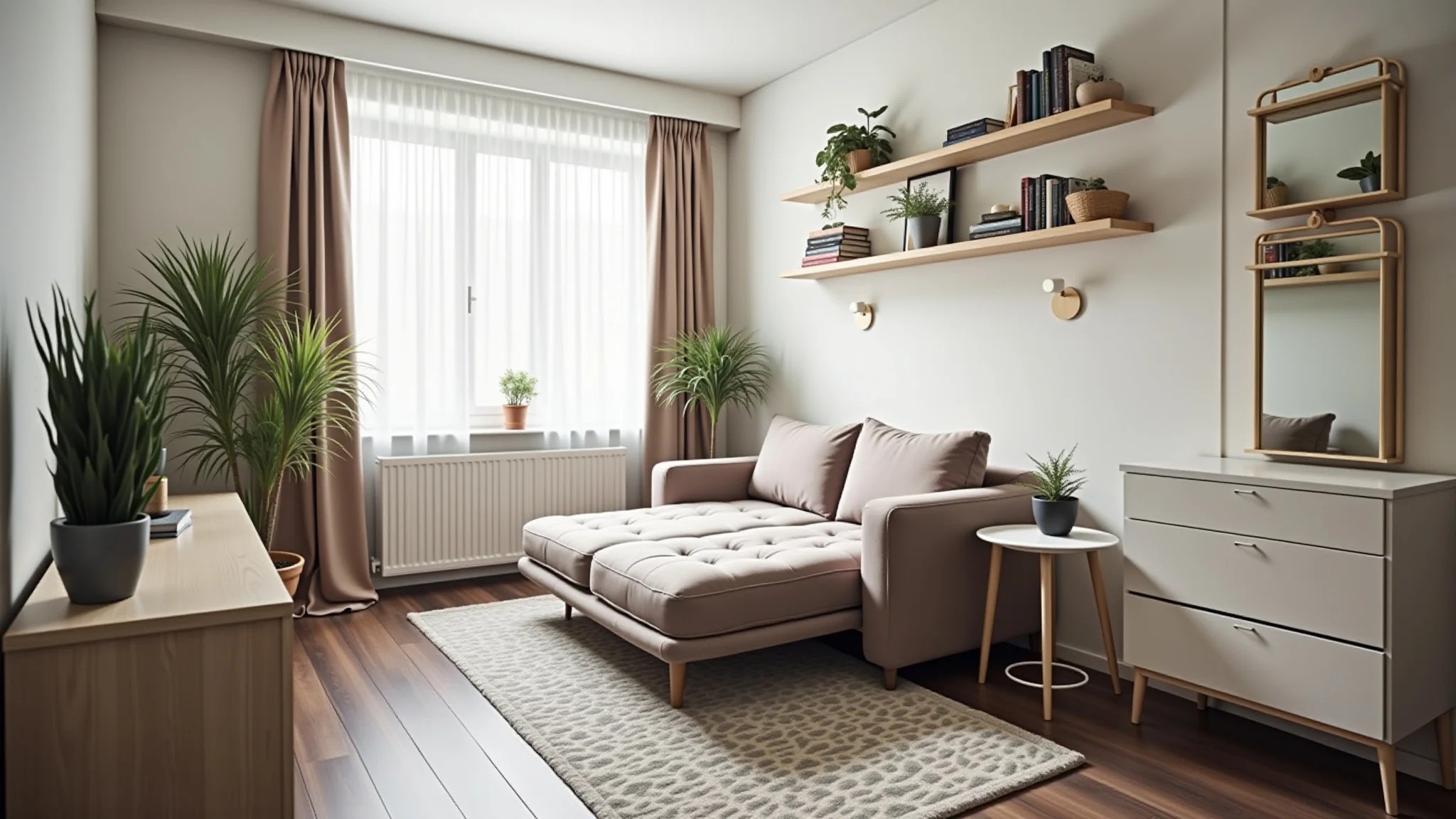 Sala pequena com sofá-cama, prateleiras com livros e tapete estampado.
