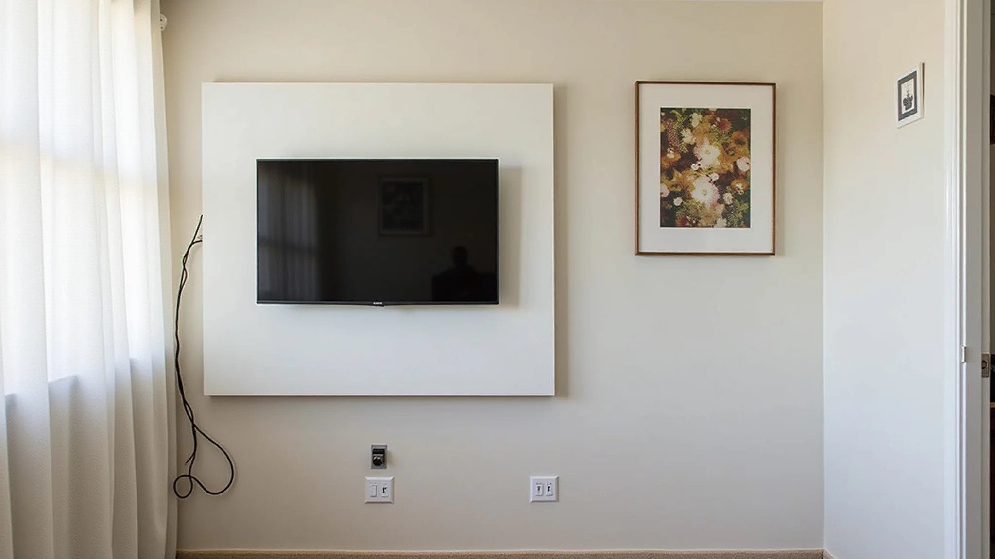 Sala pequena com painel de TV suspenso, design clean e estilo minimalista brasileiro.