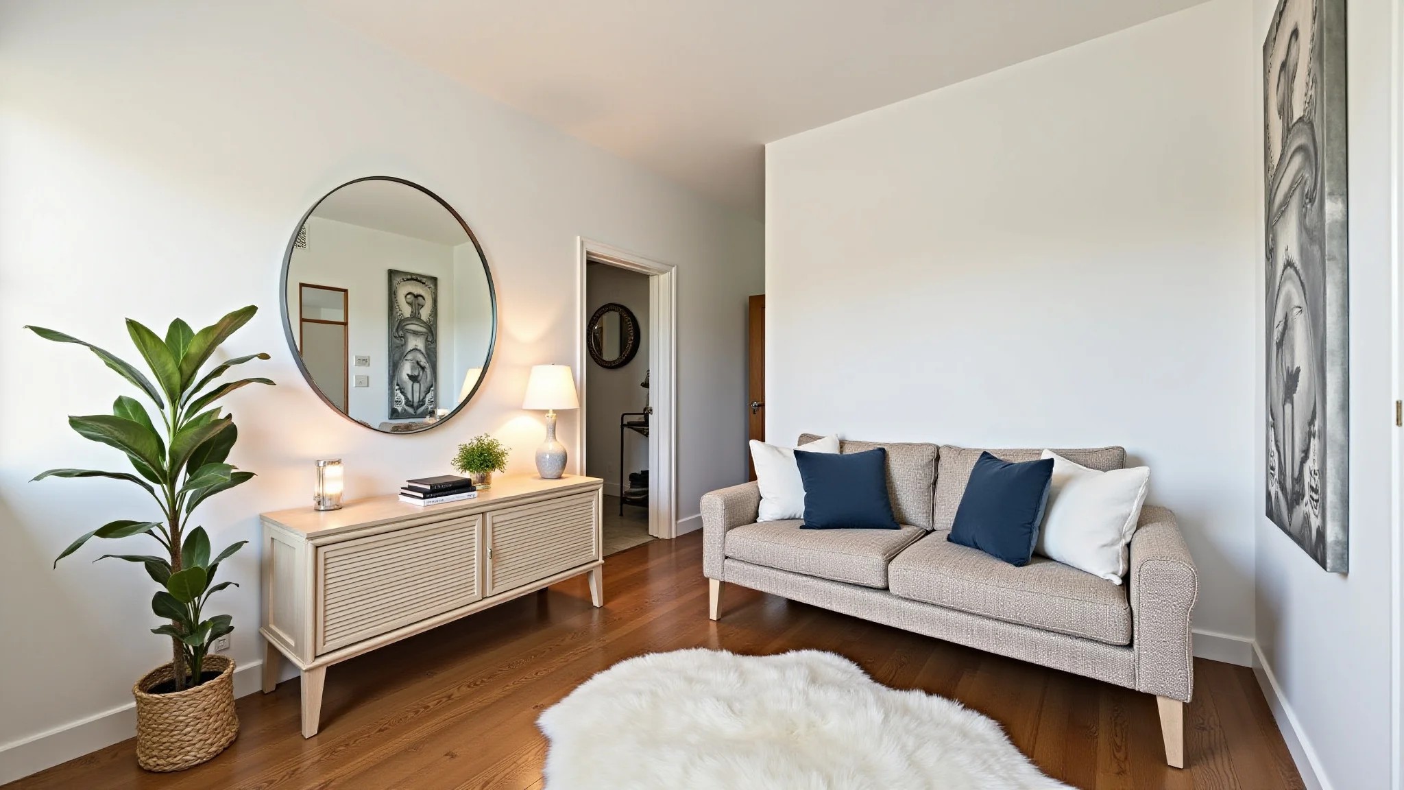 Sala pequena com espelhos ampliando o espaço e decoração barata.