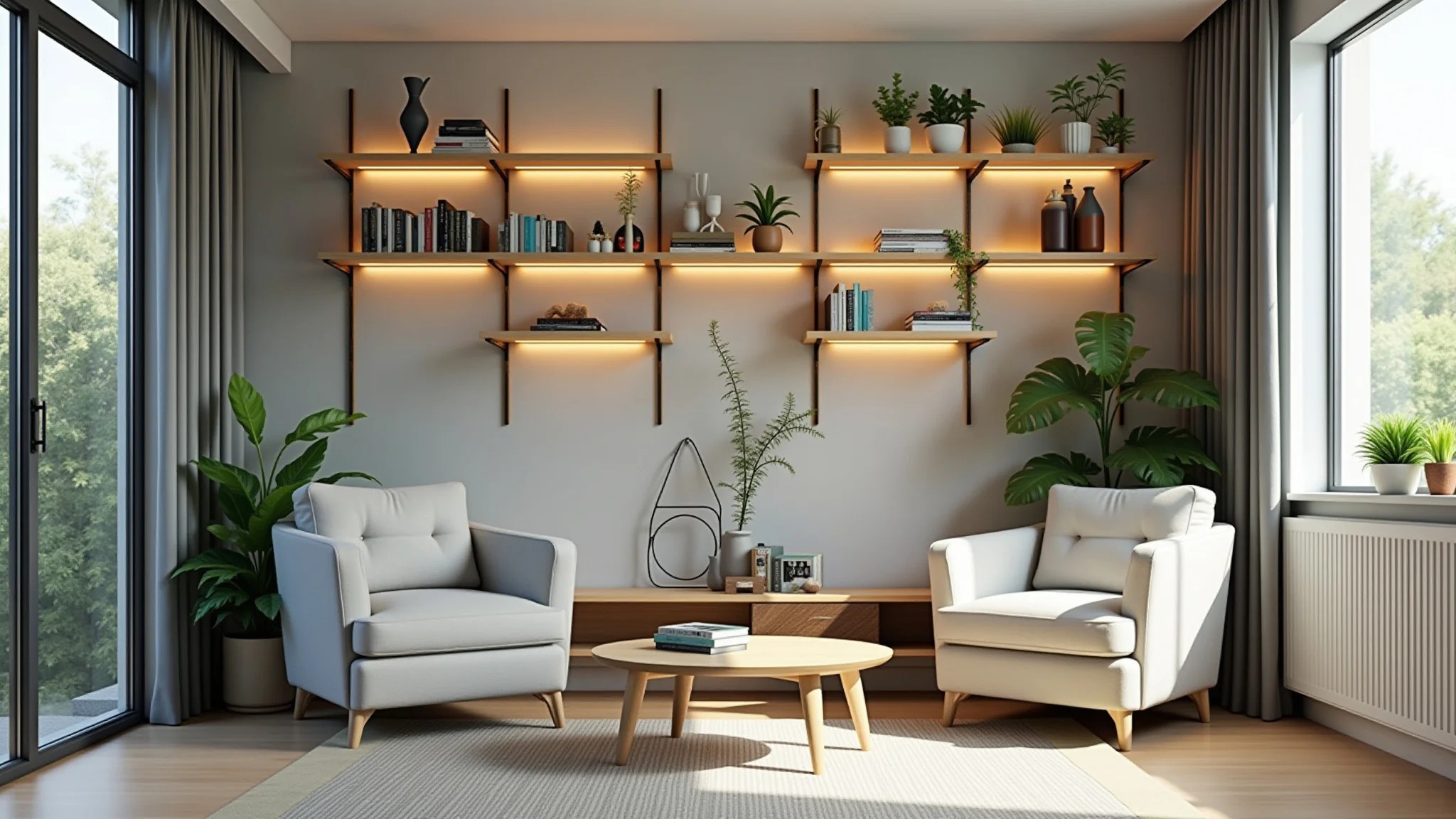 Sala de estar pequena com estantes verticais organizadas e estilo brasileiro.