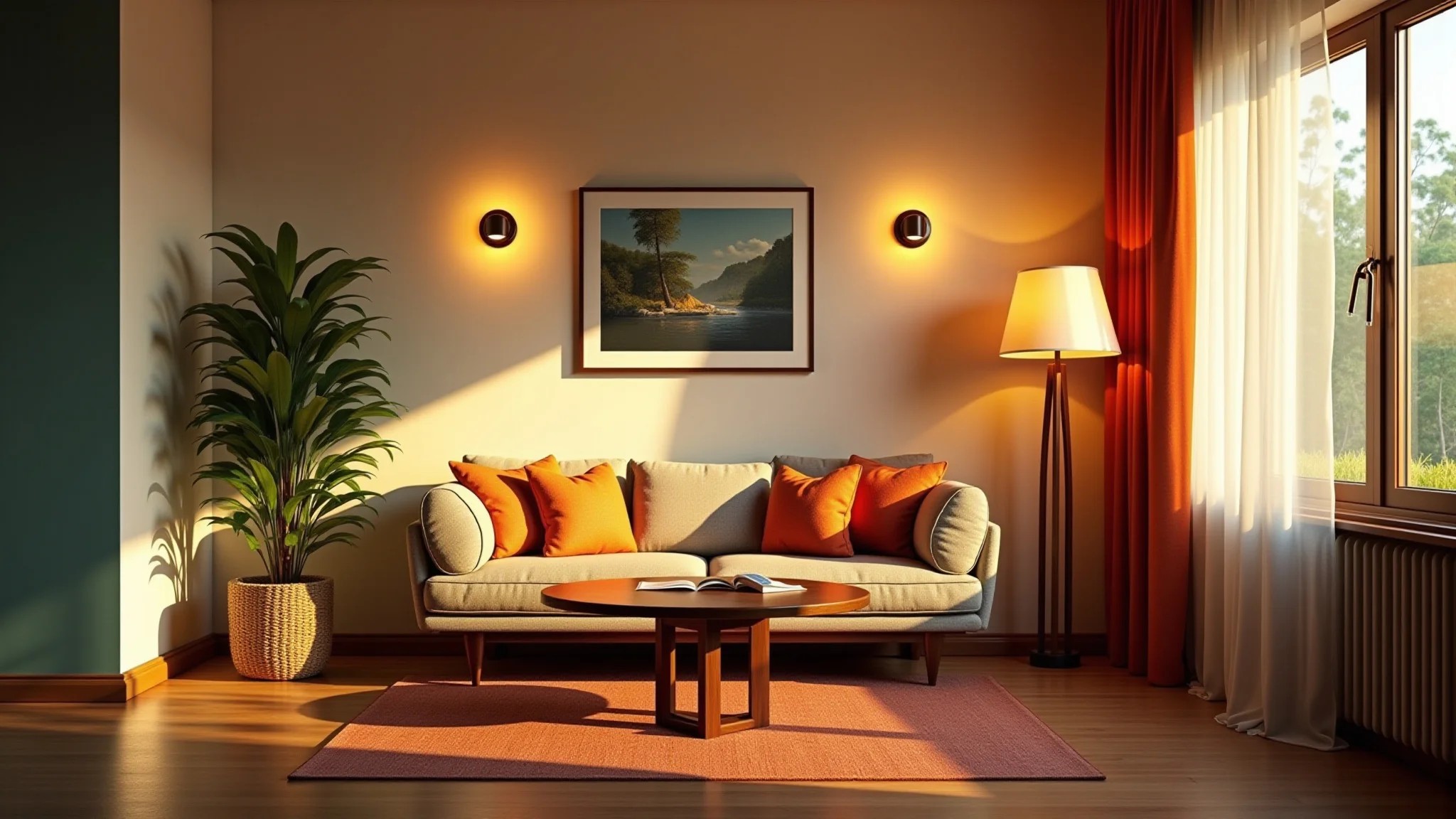 Sala de estar pequena com iluminação aconchegante e design brasileiro.