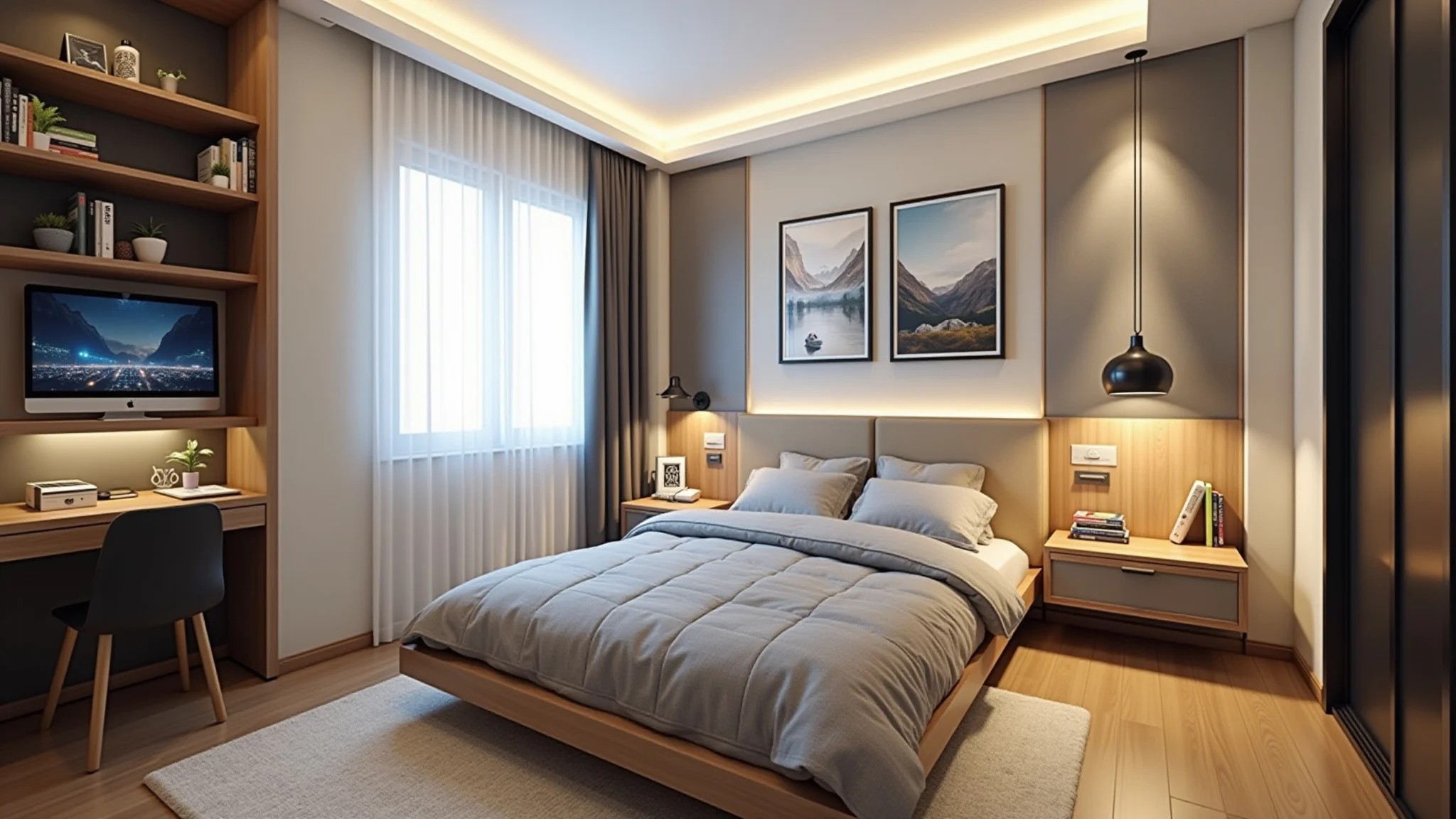 Quarto de solteiro masculino pequeno e organizado com móveis multifuncionais.