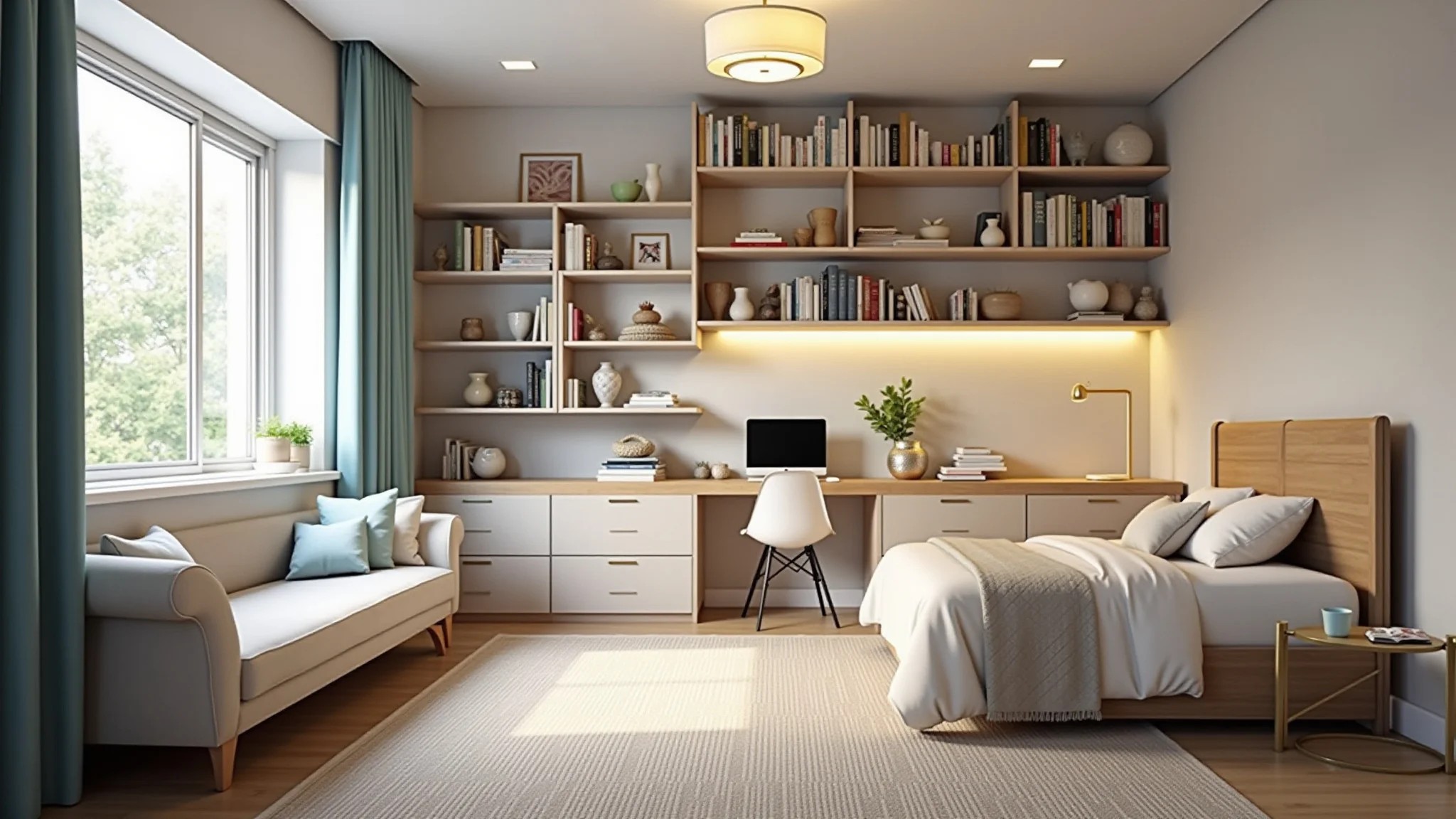 Quarto pequeno de adolescente com móveis multifuncionais e prateleiras.