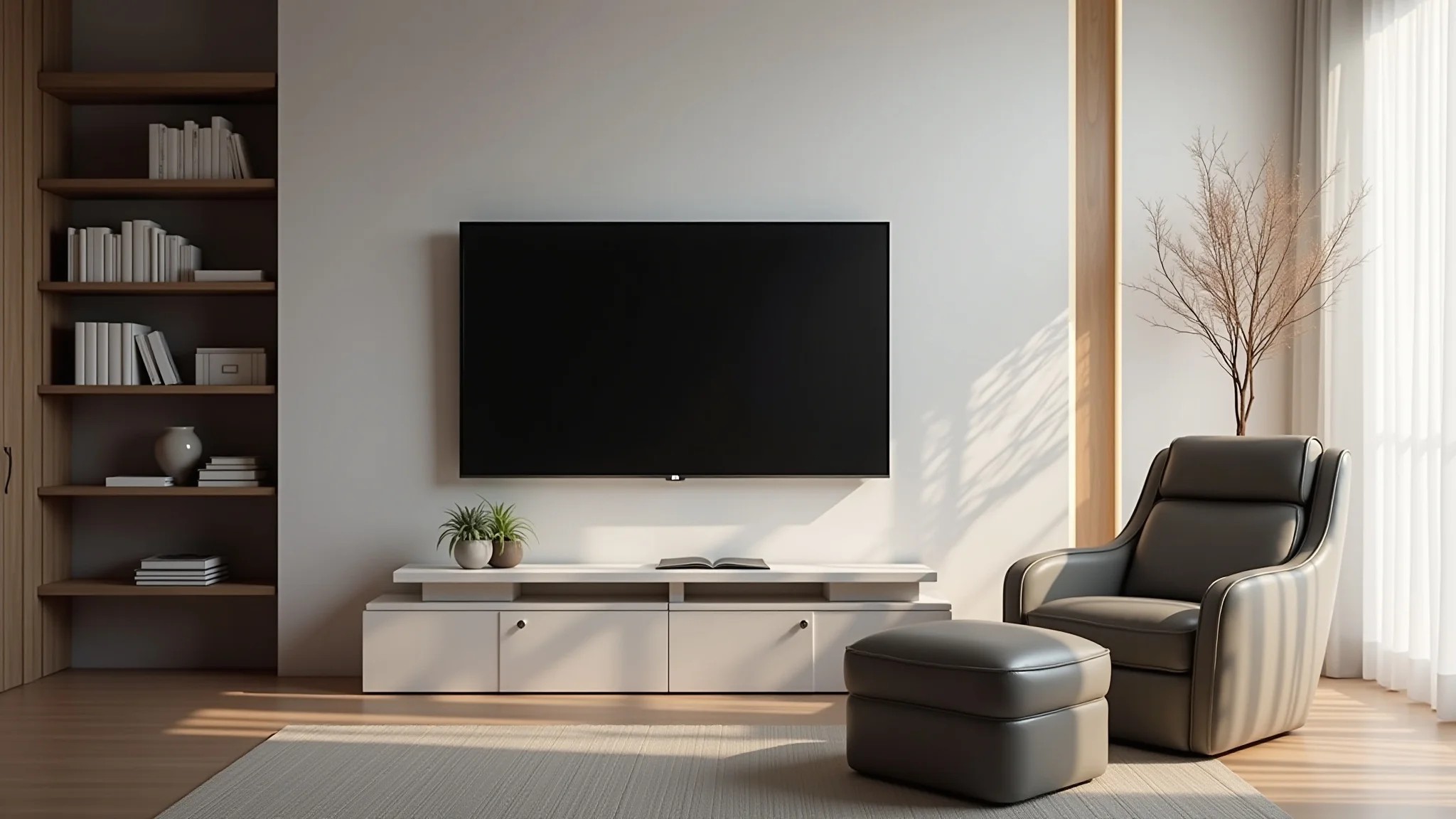 Sala de TV pequena com estilo minimalista, poltrona confortável e iluminação suave.