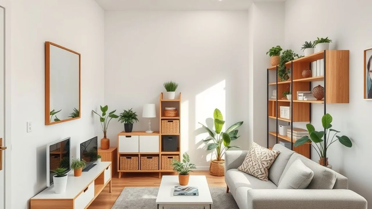 Sala de estar pequena no Brasil organizada com cores claras e espelho.