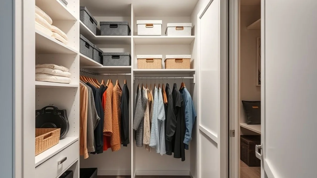 Guarda-roupa pequeno otimizado com prateleiras, organizadores e caixas. Soluções para espaços compactos.