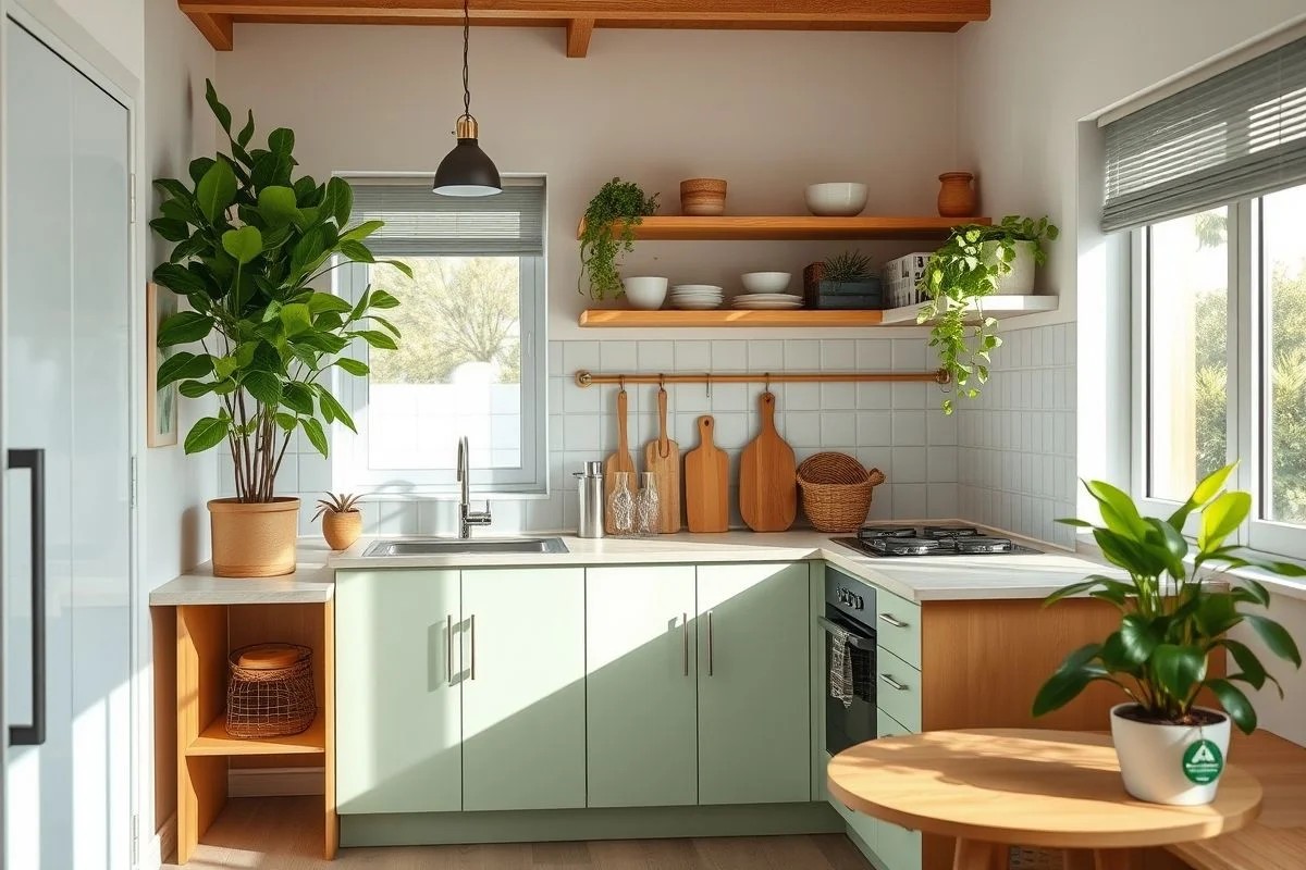 Cozinha pequena brasileira organizada com bancada clara e plantas.