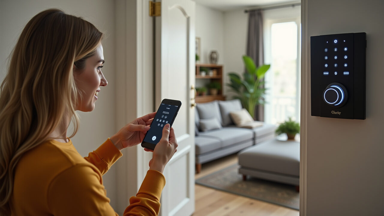 Mulher controlando fechadura digital pelo celular em casa.
