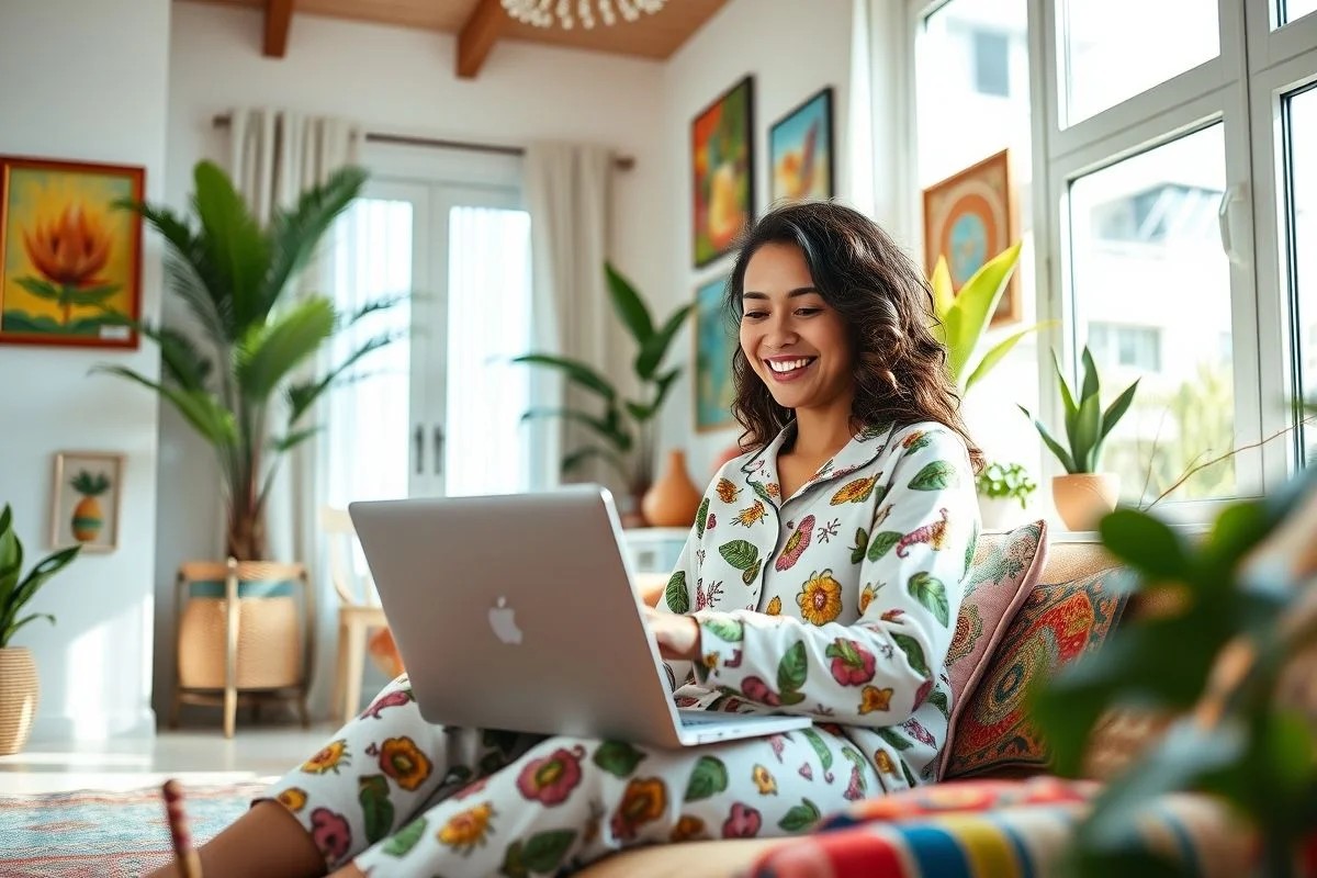 Mulher brasileira sorrindo trabalhando de pijama em casa com laptop.