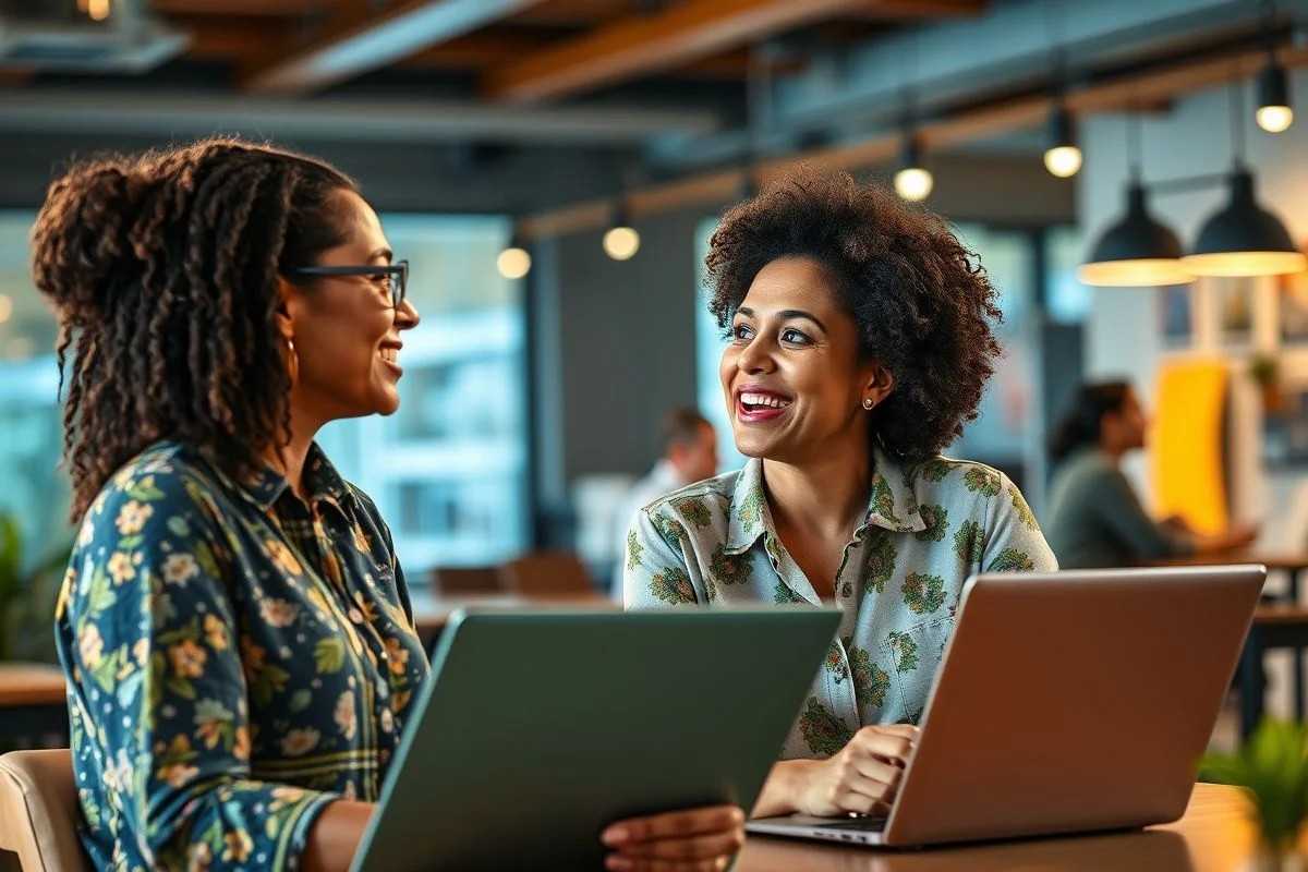 Mulher brasileira sorrindo compartilha dicas de carreira com colega em coworking vibrante.