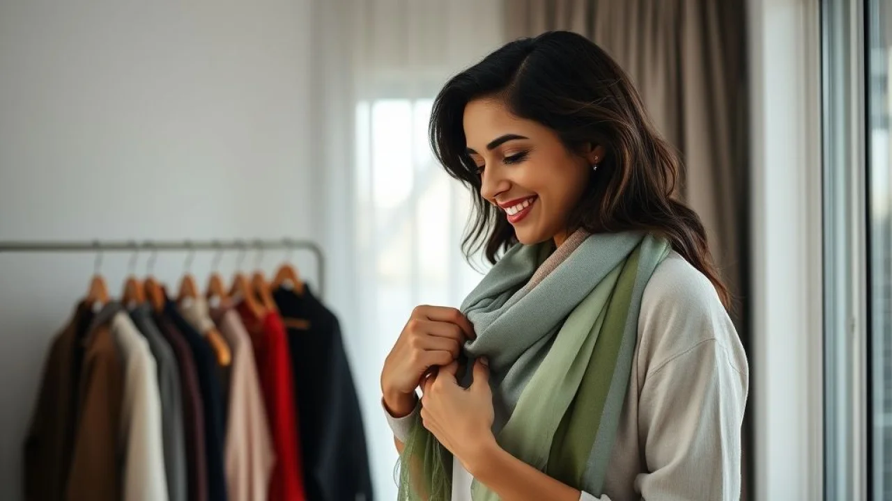 Mulher brasileira escolhendo lenço no guarda-roupa, analisando cores e estilo, em um apartamento moderno.