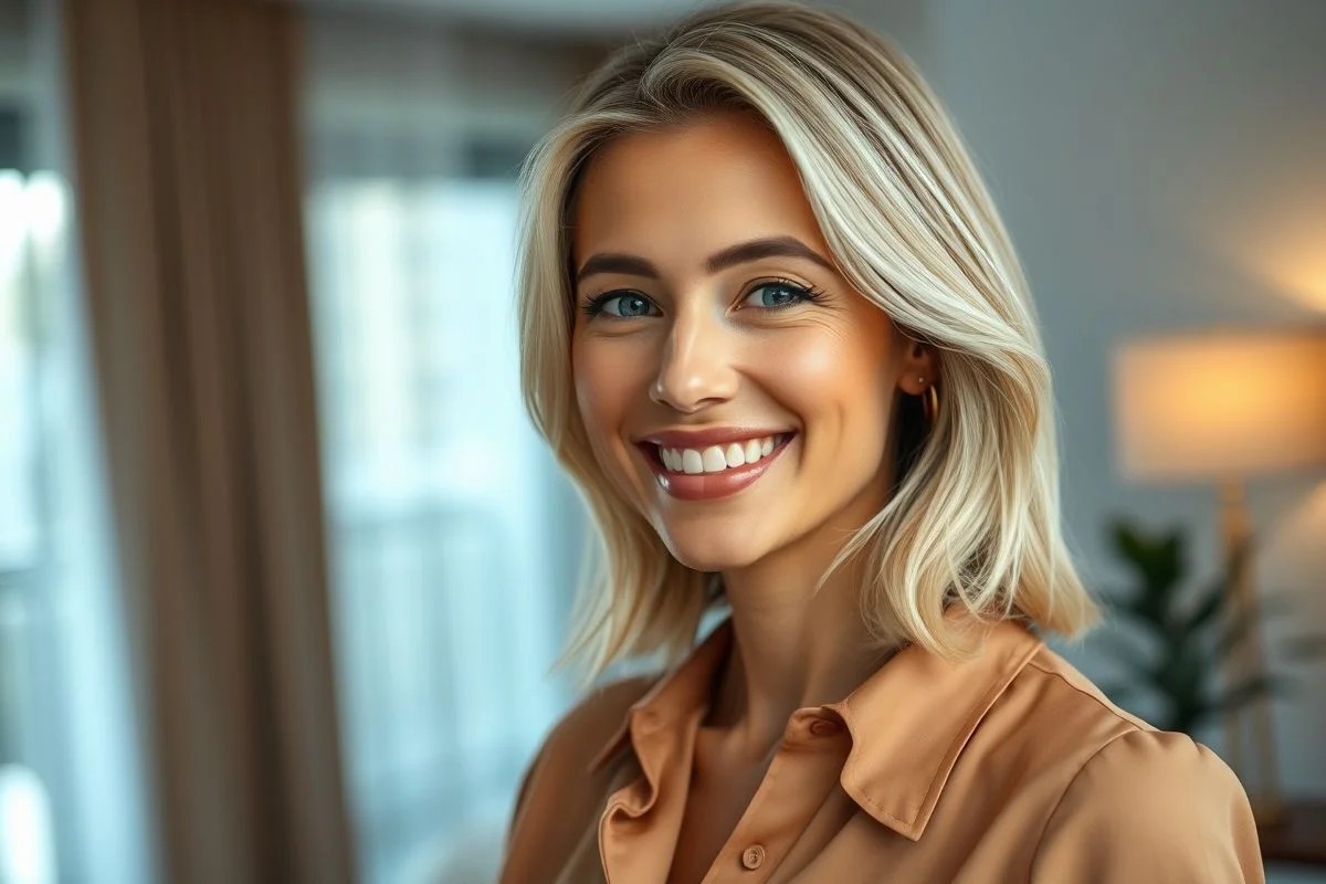 Mulher brasileira sorrindo com long bob loiro e ondulado em apartamento moderno.
