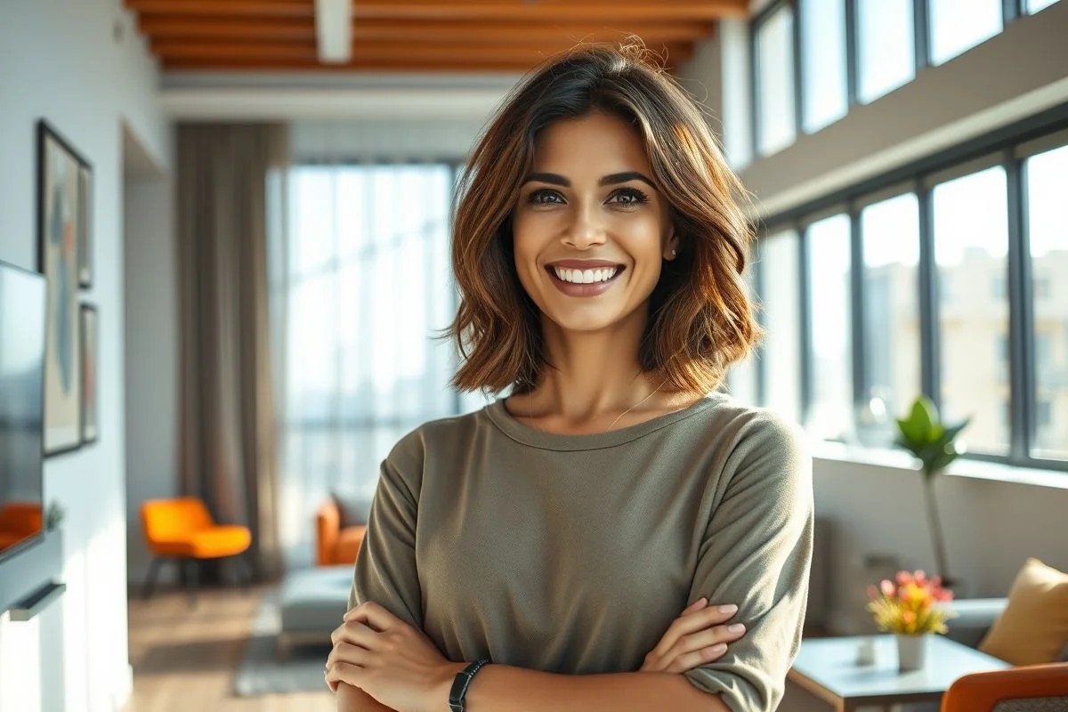 Mulher brasileira sorrindo com cabelo médio curto em apartamento moderno.