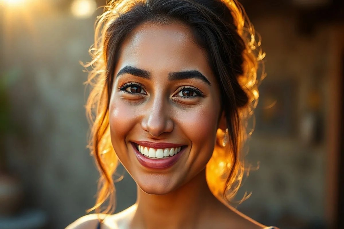 Morena brasileira sorrindo com maquiagem natural, blush bronze e batom nude.