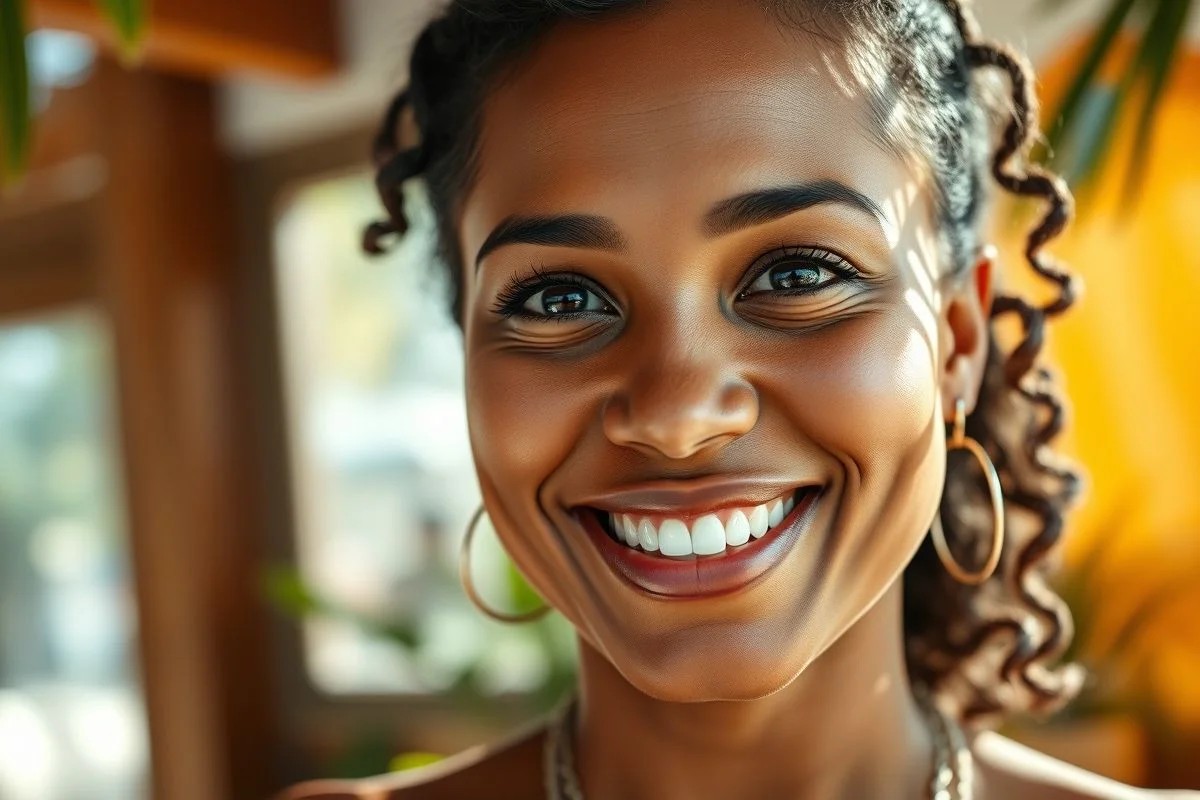 Mulher brasileira sorrindo com rosto redondo, beleza natural.