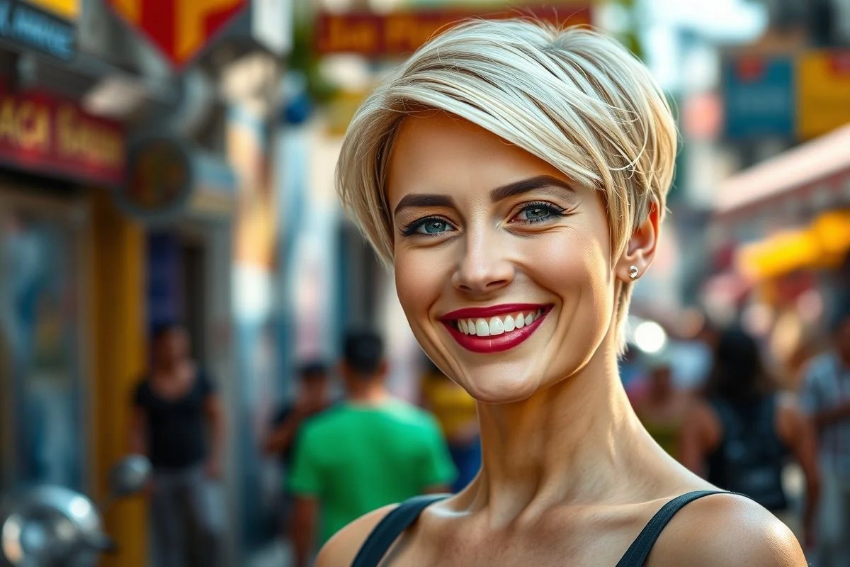 Mulher brasileira sorrindo com cabelo curto e loiro, penteado moderno e confiante. Cabelo curto: praticidade e estilo.