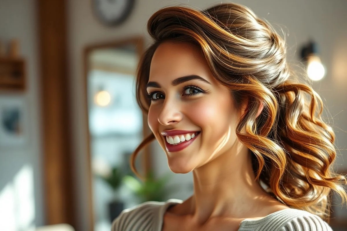 Mulher sorrindo com penteado meio preso simples, cabelo castanho ondulado