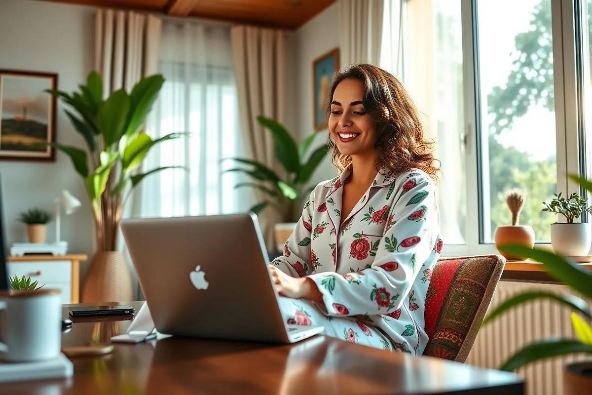 Mulher brasileira sorrindo, trabalhando de pijama no home office.