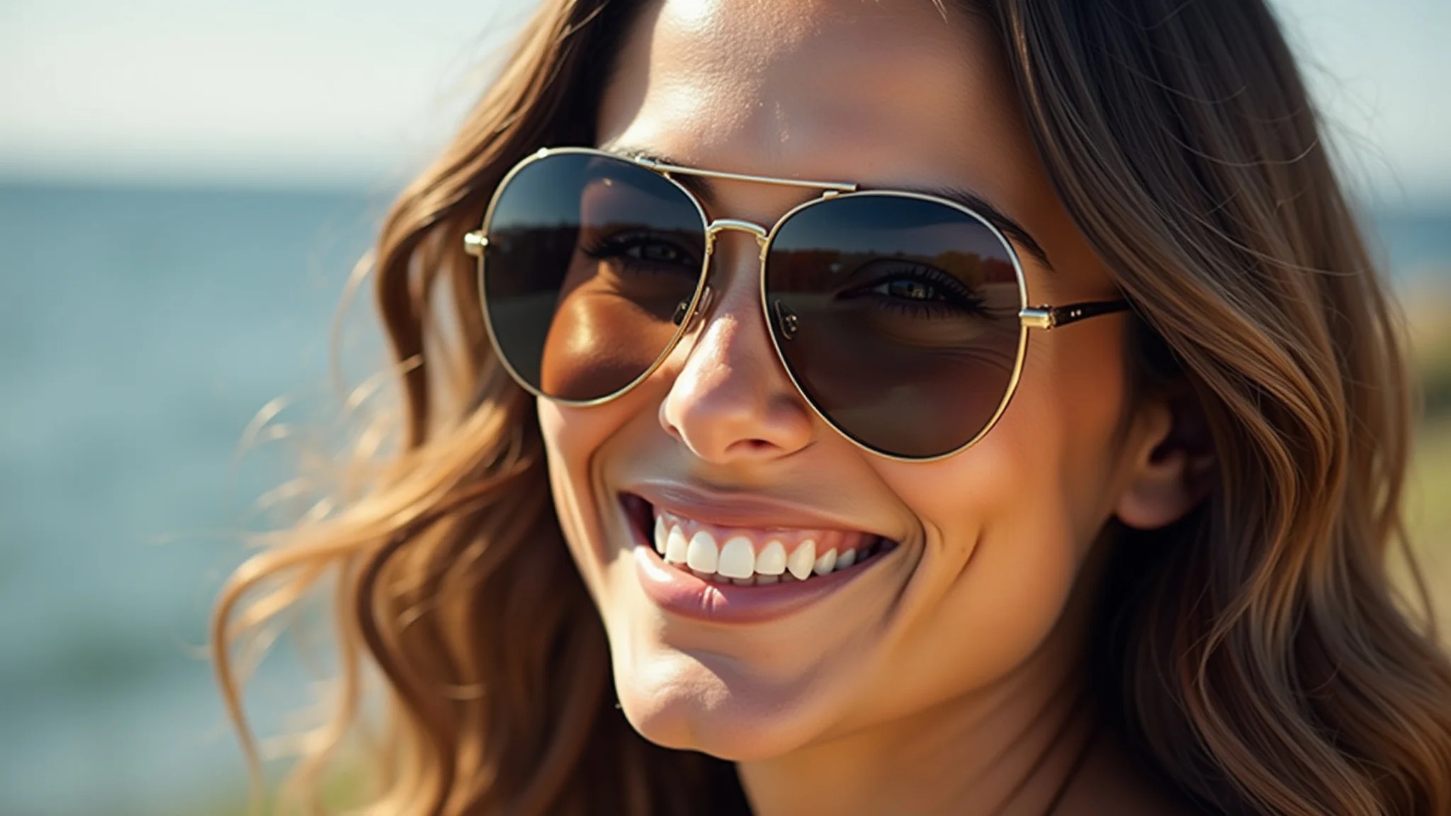 Mulher sorrindo de rosto oval usando óculos aviador sob luz natural.