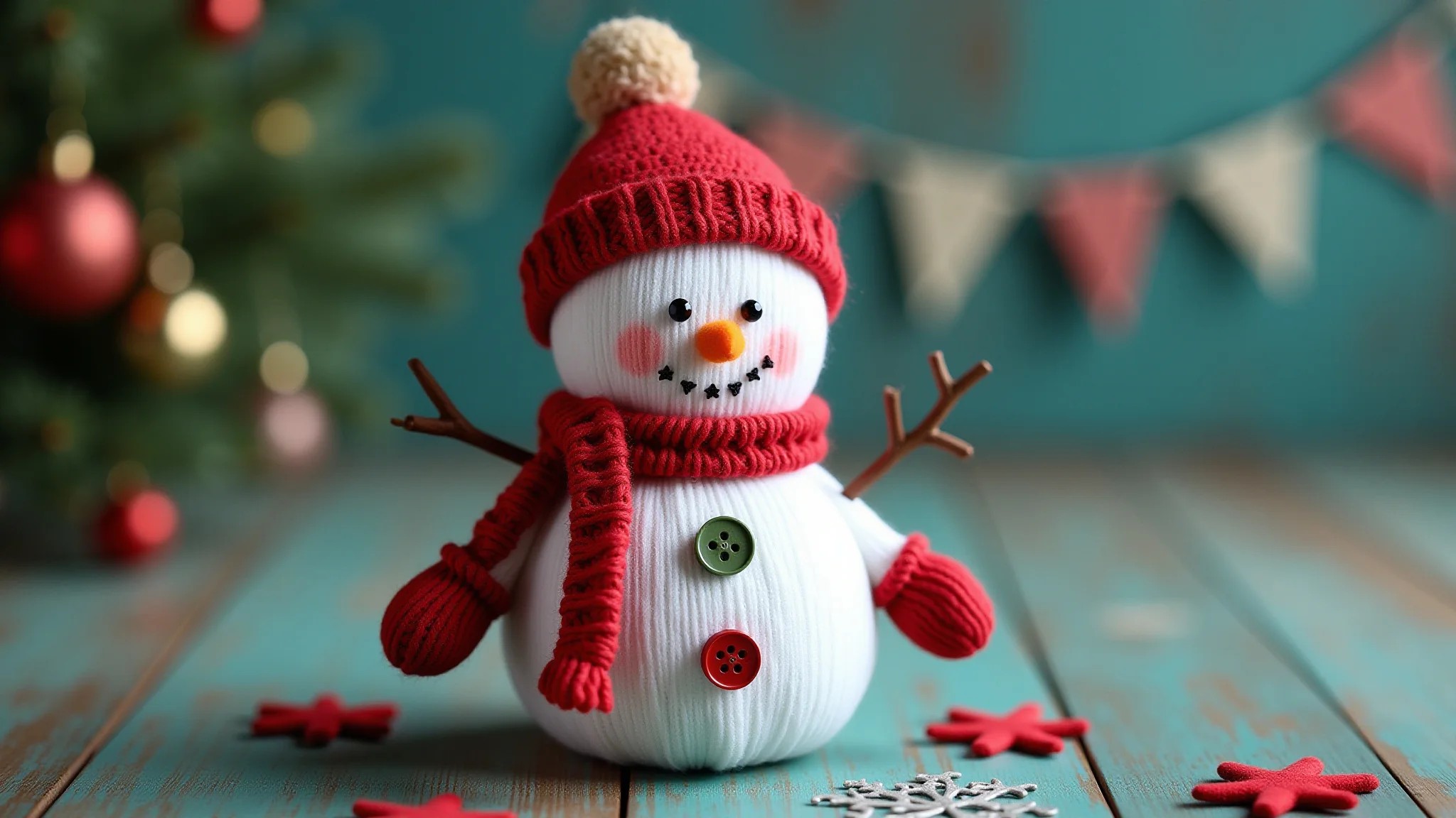 Boneco de neve feito de meia reciclada, decoração natalina criativa.