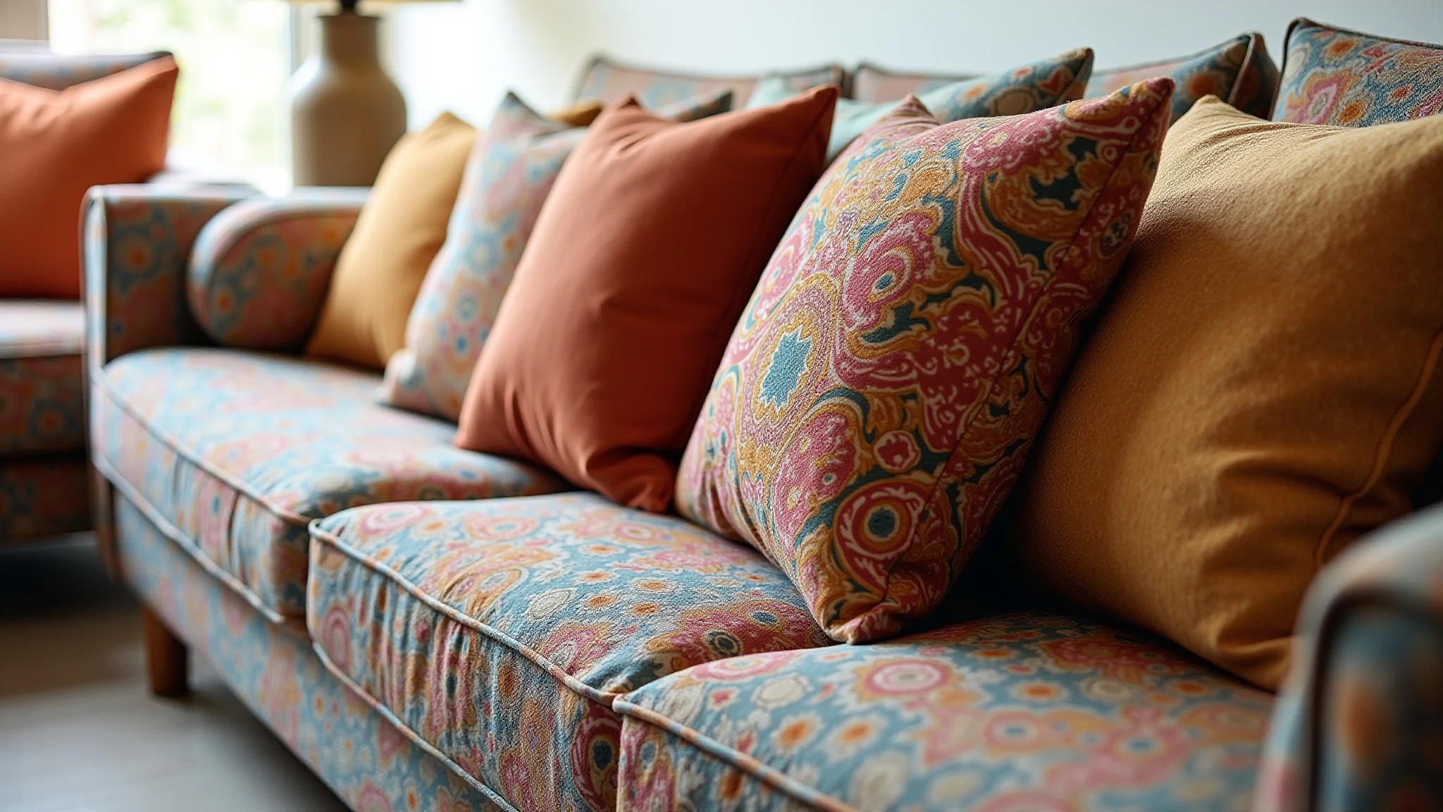 Sofá com almofadas coloridas e estampadas em sala de estar aconchegante.