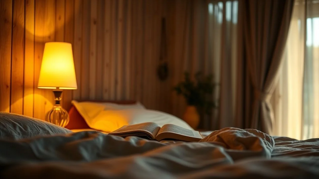 Iluminação suave em quarto de casal, abajur e ambiente relaxante, Brasil.