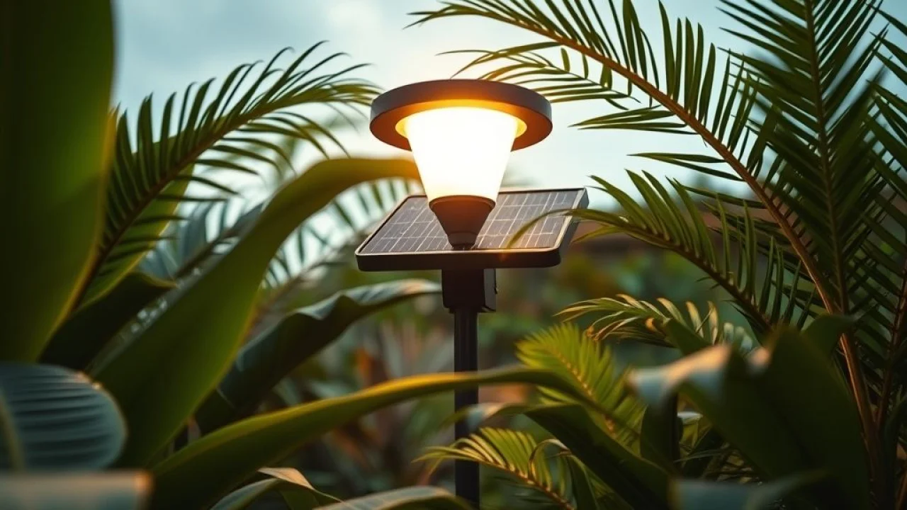 Luminária solar de jardim funcionando em dia nublado, demonstrando sua eficiência.