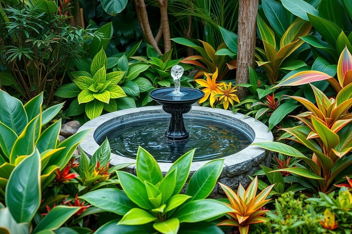 Fonte solar em jardim brasileiro, design sustentável e plantas diversas.