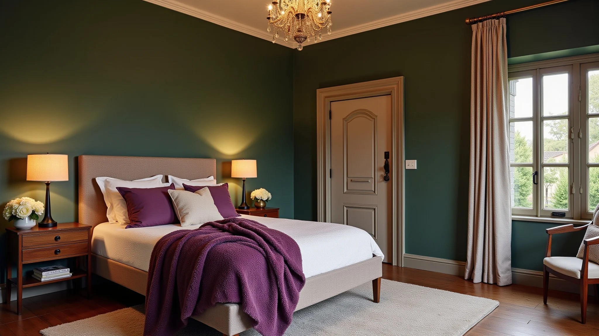Quarto sofisticado com paredes verde musgo e decoração roxo ametista.