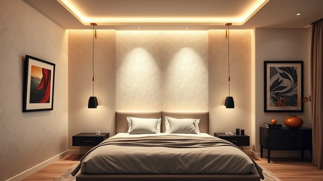 Quarto sofisticado com arandelas na parede, criando um efeito de iluminação elegante.