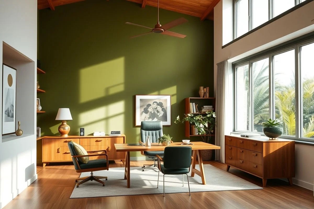 Escritório elegante com parede verde-oliva, móveis de madeira e luz natural.