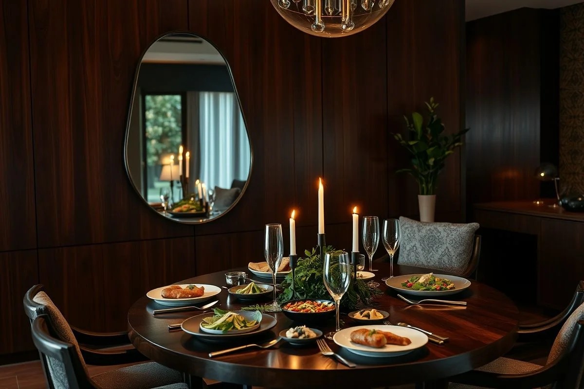 Sala de jantar sofisticada com espelho orgânico e velas. Ambiente acolhedor.