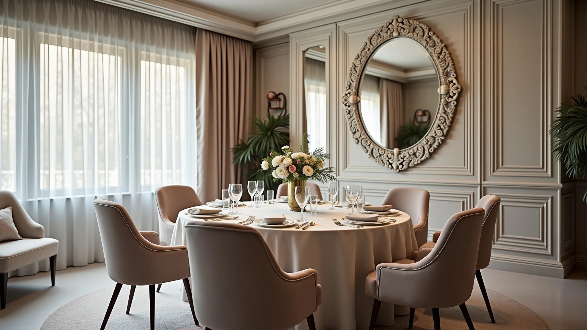 Sala de jantar sofisticada com detalhes em mármore e espelho grande.