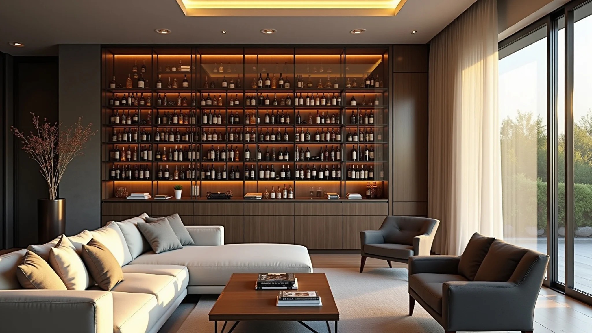 Sala sofisticada com adega moderna, coleção de vinhos e iluminação suave da hora dourada.
