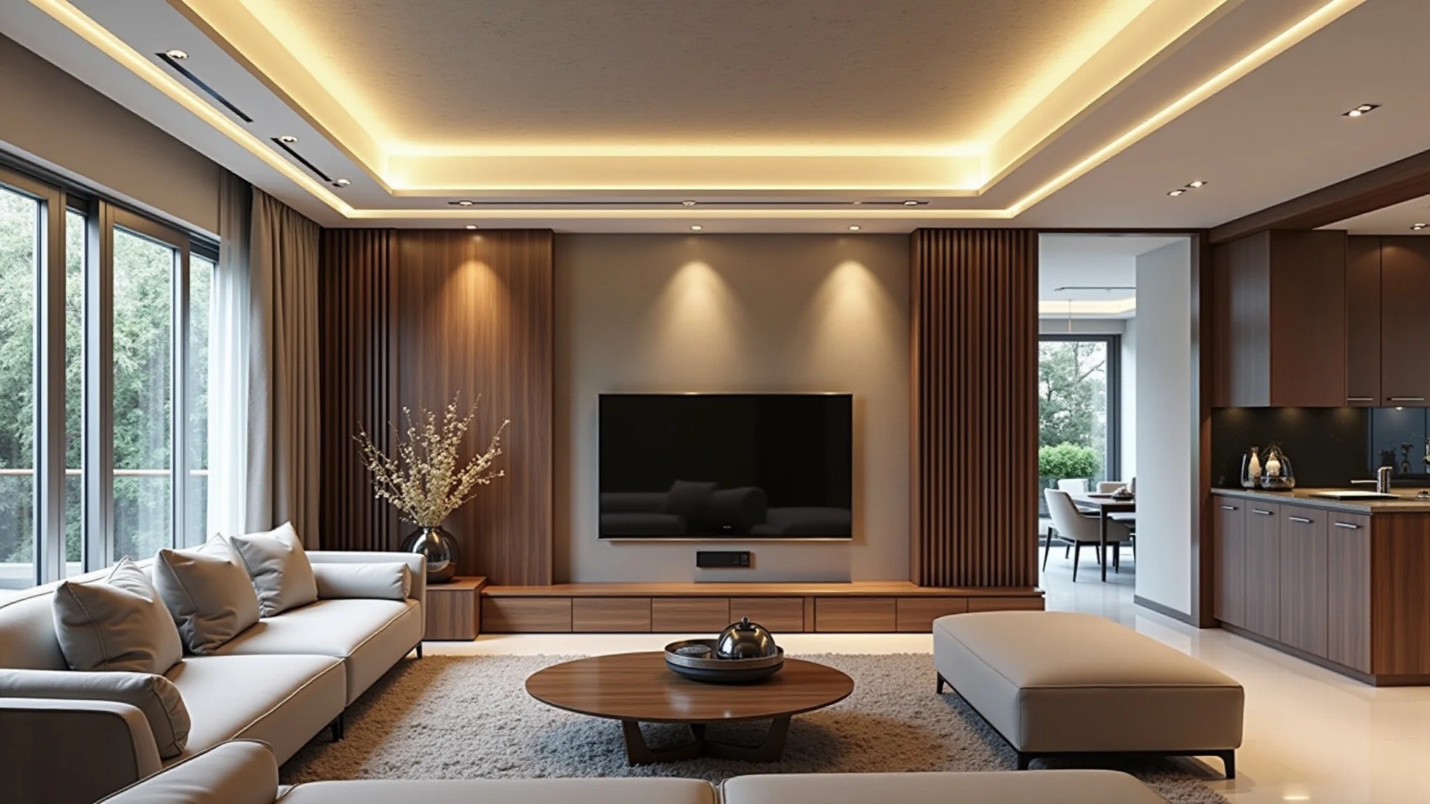 Sala sofisticada com sanca invertida, design moderno, iluminação LED e móveis brasileiros.