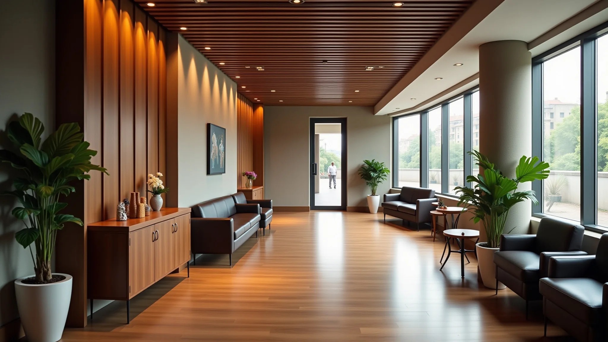 Sala de espera sofisticada com piso de madeira maciça e móveis elegantes.