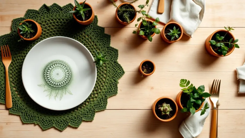 Sousplat de Crochê e Plantas: Natureza à Mesa