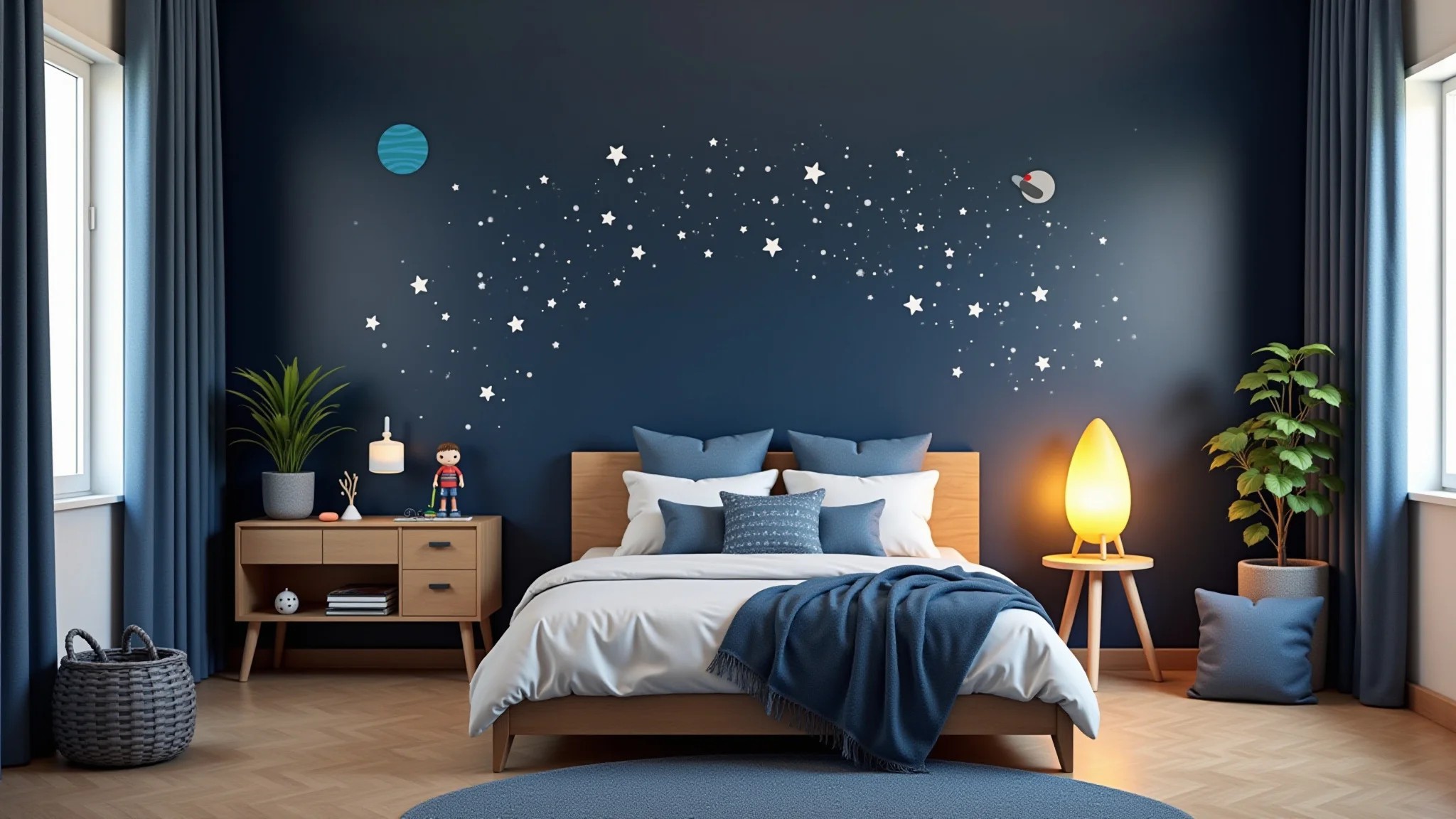 Quarto infantil com tema espacial, paredes azul escuras, estrelas e planetas e luminária de foguete.