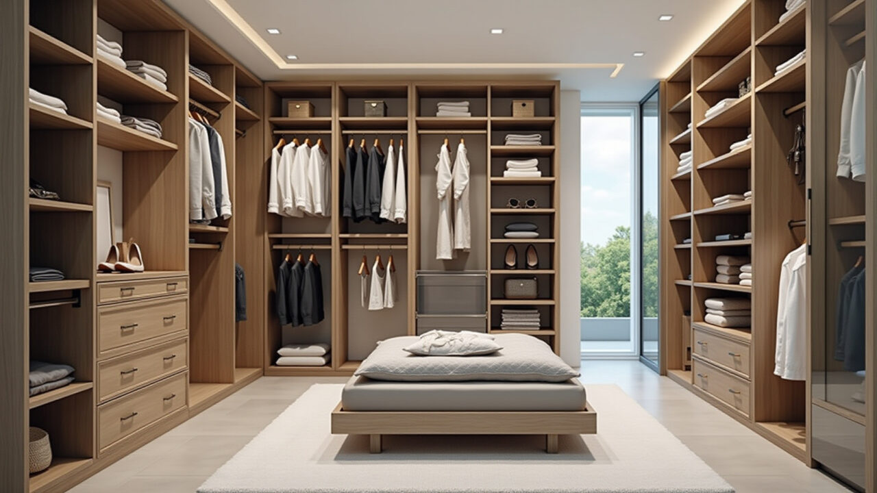 Closet espaçoso de Pladur com prateleiras personalizadas.