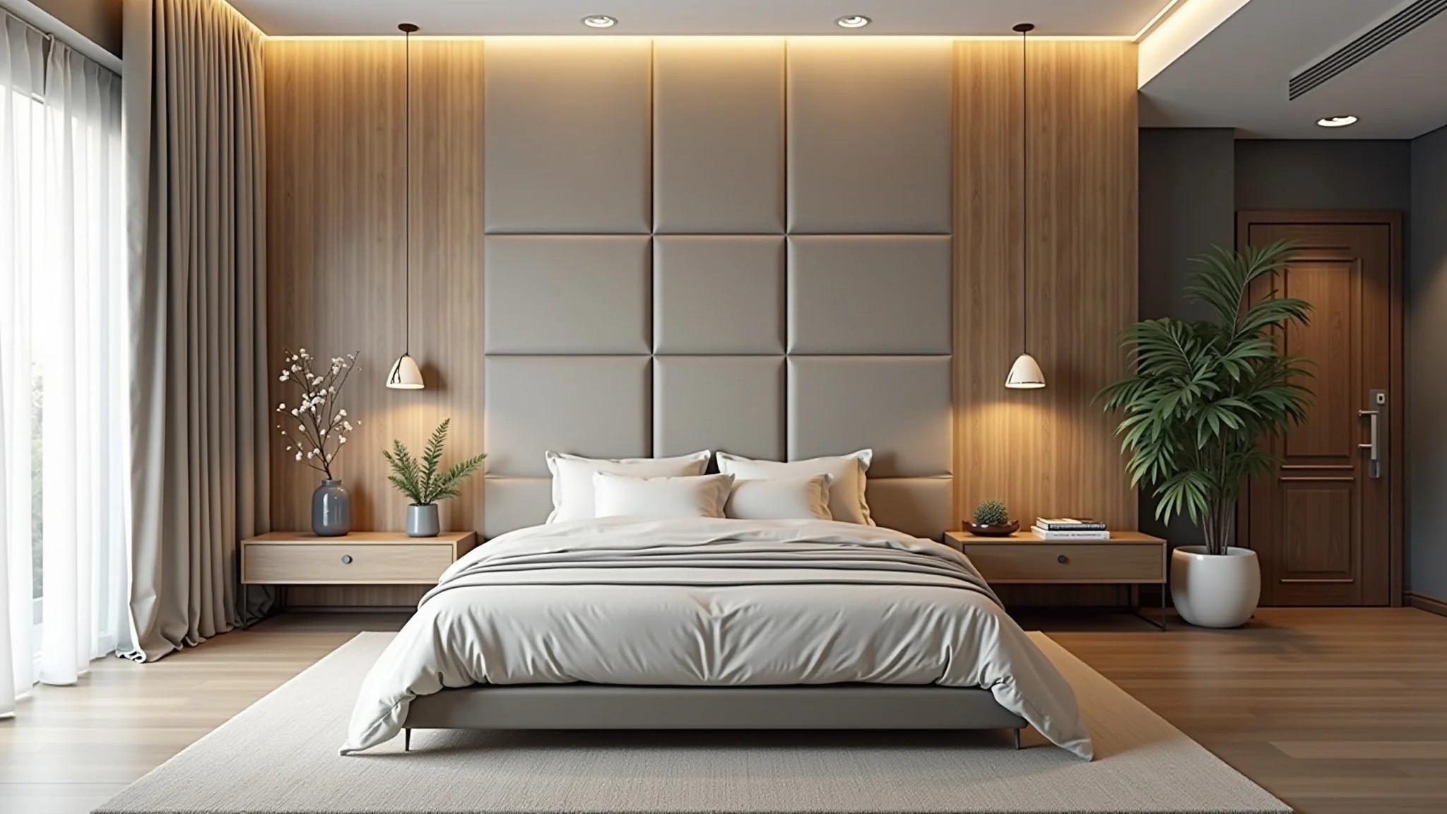 Quarto espaçoso com cabeceira estofada em painel e decoração brasileira.