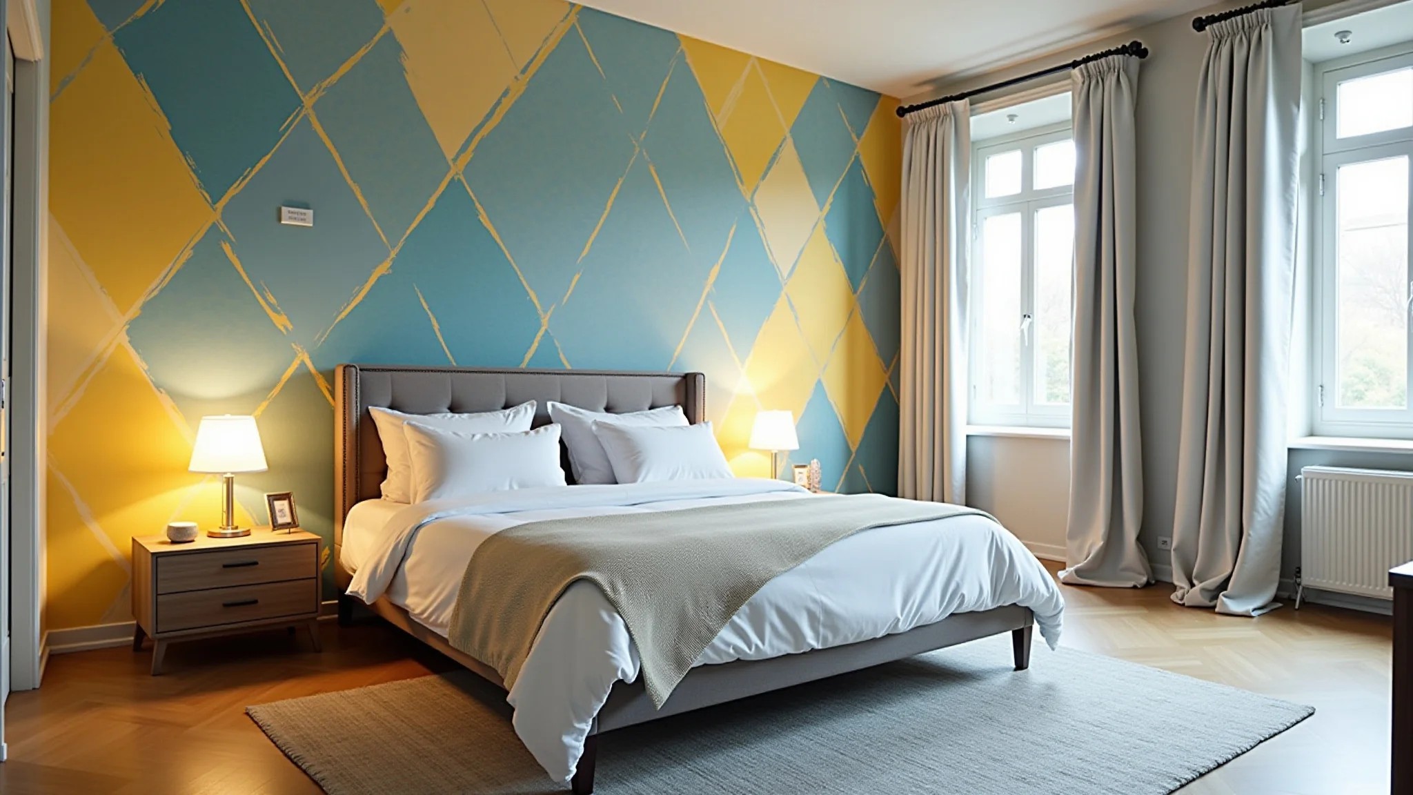Quarto amplo com papel de parede de hexágonos em tons de azul e amarelo, estilo Farm Rio.
