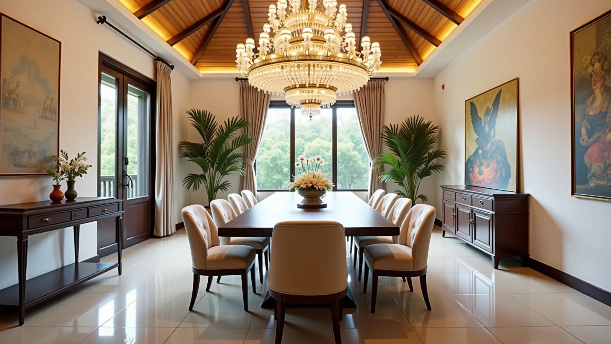 Ampla sala de jantar com lustre grande e imponente, decoração brasileira.