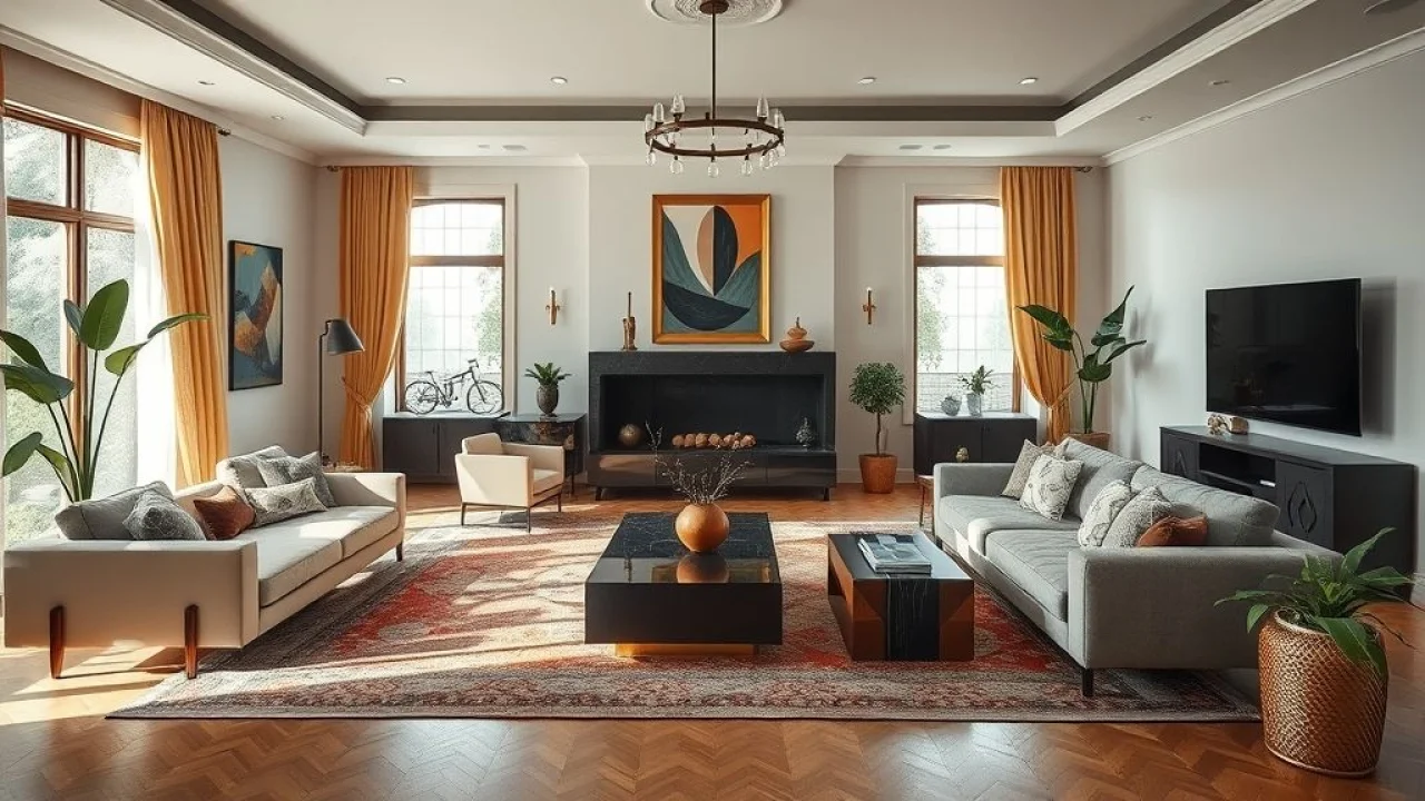 Sala de estar espaçosa com móveis equilibrados seguindo a proporção áurea. Design de interiores brasileiro.