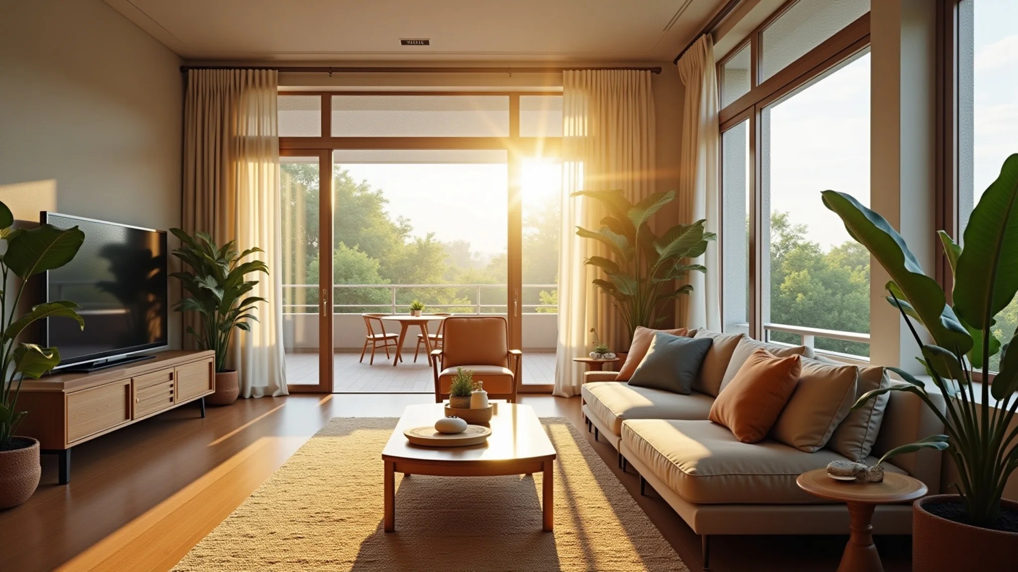 Sala de estar espaçosa com decoração clean, plantas e janelas abertas.