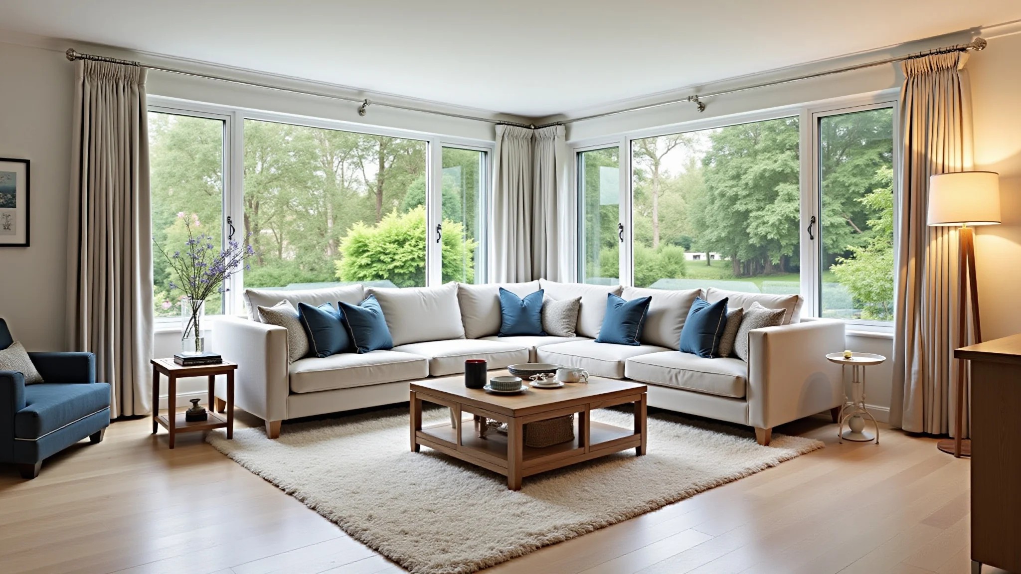 Sala de estar espaçosa com sofá seccional, mesa de centro com itens decorativos e janelas grandes.